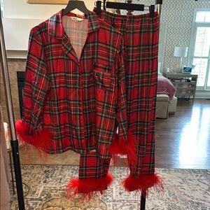 Red Plaid Feather Trim Pajama Set